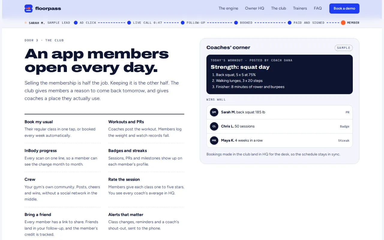 The club app's page: book my usual, workouts and progress, the crew and bring a friend.