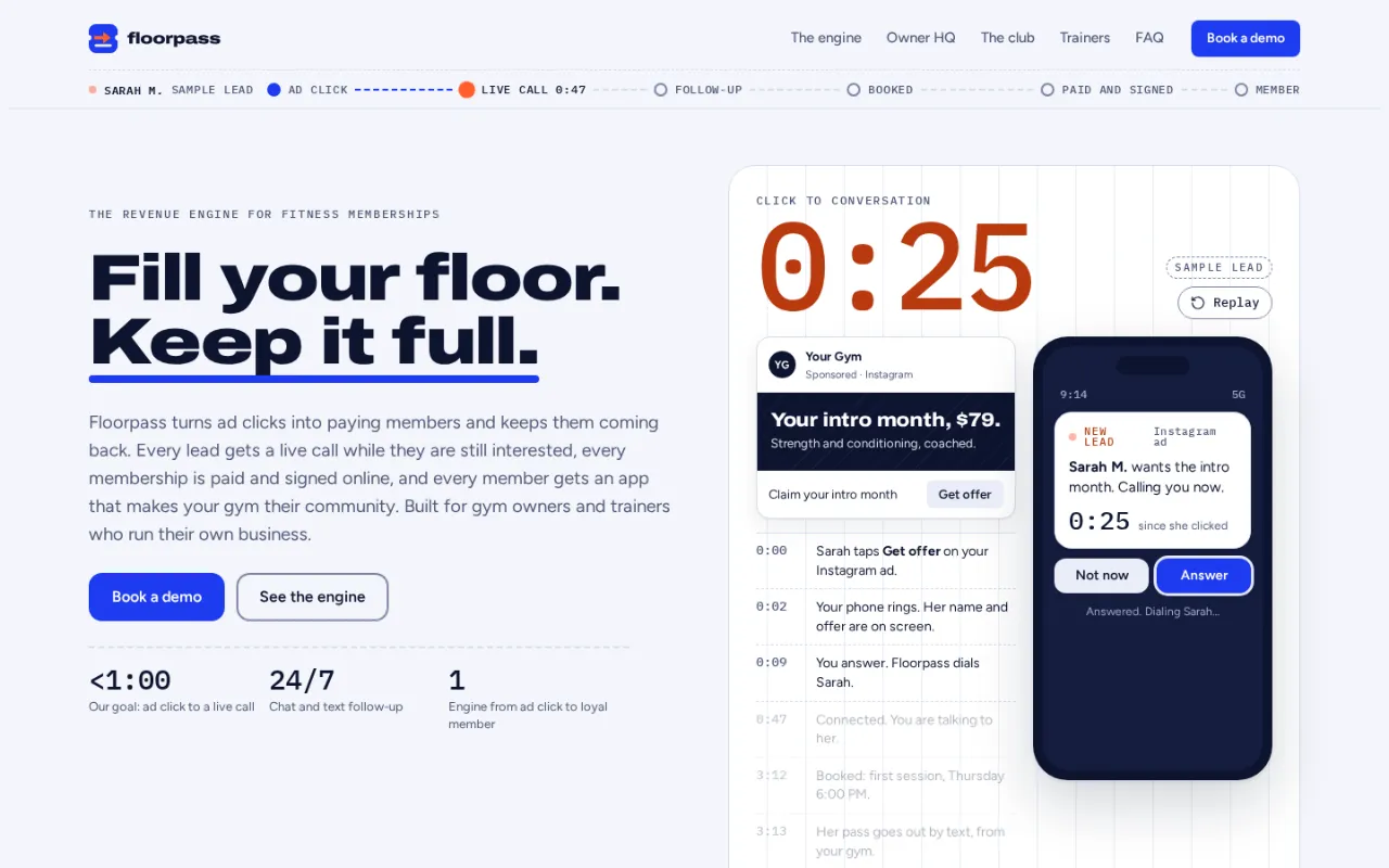 floorpass.io on a laptop: Fill your floor. Keep it full, with a sample lead connected 27 seconds after her click.