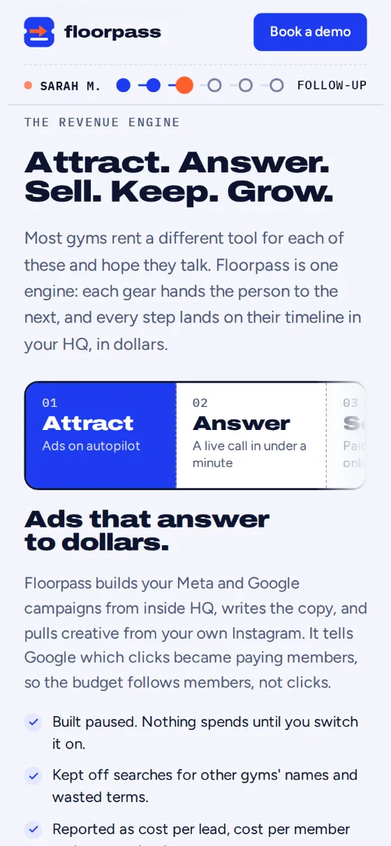 floorpass.io on a phone: Attract, Answer, Sell, Keep, Grow, and ads that answer to dollars.