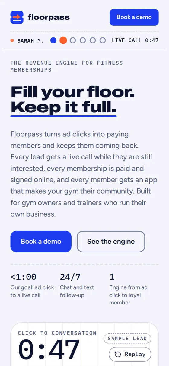 floorpass.io on a phone: a sample lead's click turned into a live call in 47 seconds.