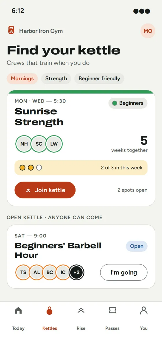 Kettle on a phone: find your kettle, crews that train when you do.
