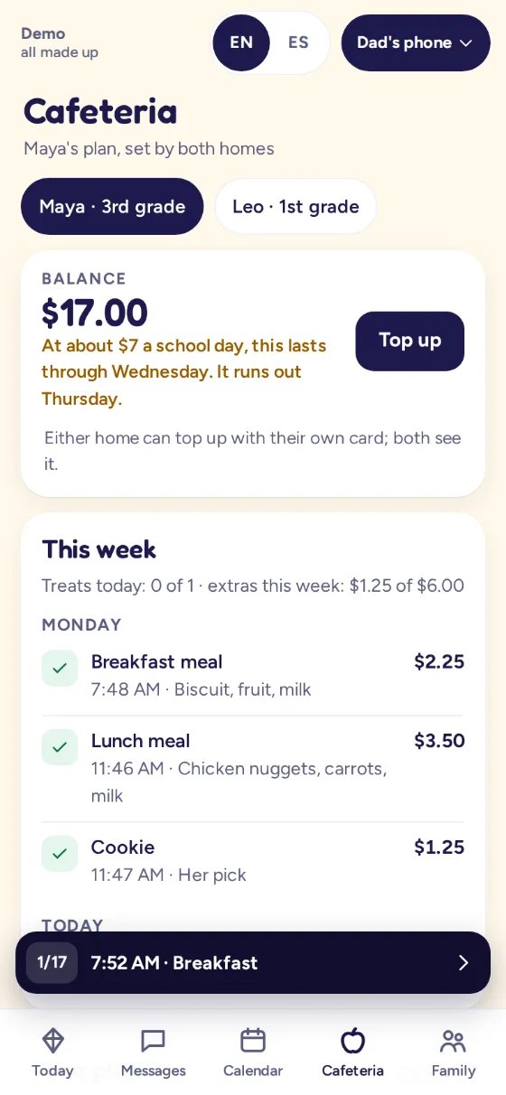 Kite & Kin's cafeteria: the balance, the week's plan and each purchase.
