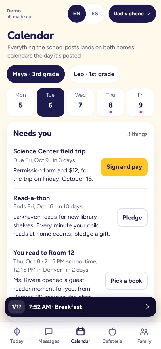 Kite & Kin's calendar: a field trip, a read-a-thon and a reading guest, each with its deadline.