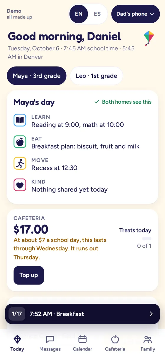 Kite & Kin on a parent's phone: Good morning, Daniel, with Maya's day in four parts.