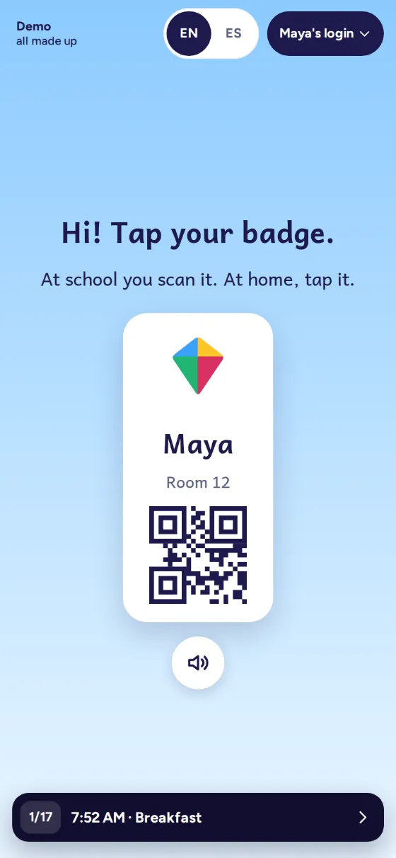 Kite & Kin's child login: Hi! Tap your badge, with Maya's badge from Room 12.