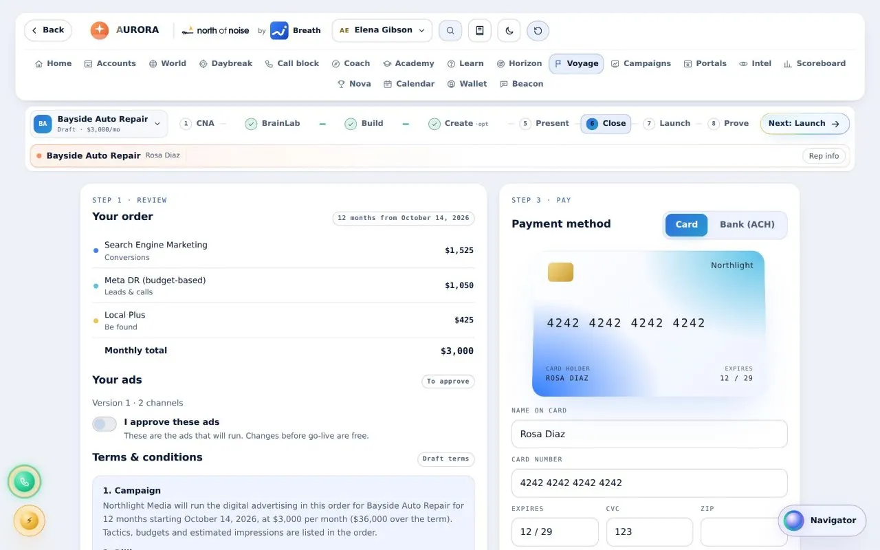 The close in AURORA: the order, its terms, and a sample card payment in the first meeting.