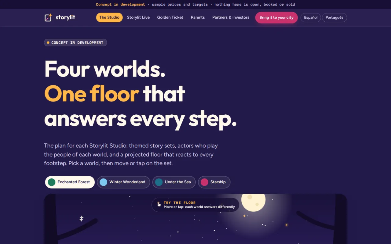 storylit.io's Studio page: four worlds, one floor that answers every step.
