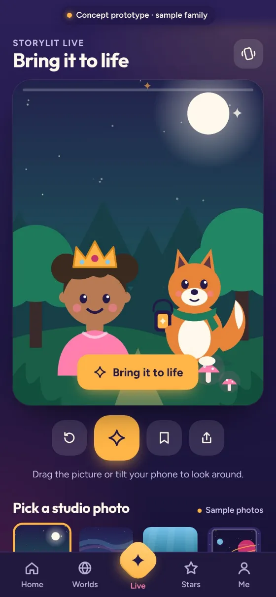 The Storylit app prototype: a sample studio photo, with a button to bring it to life.