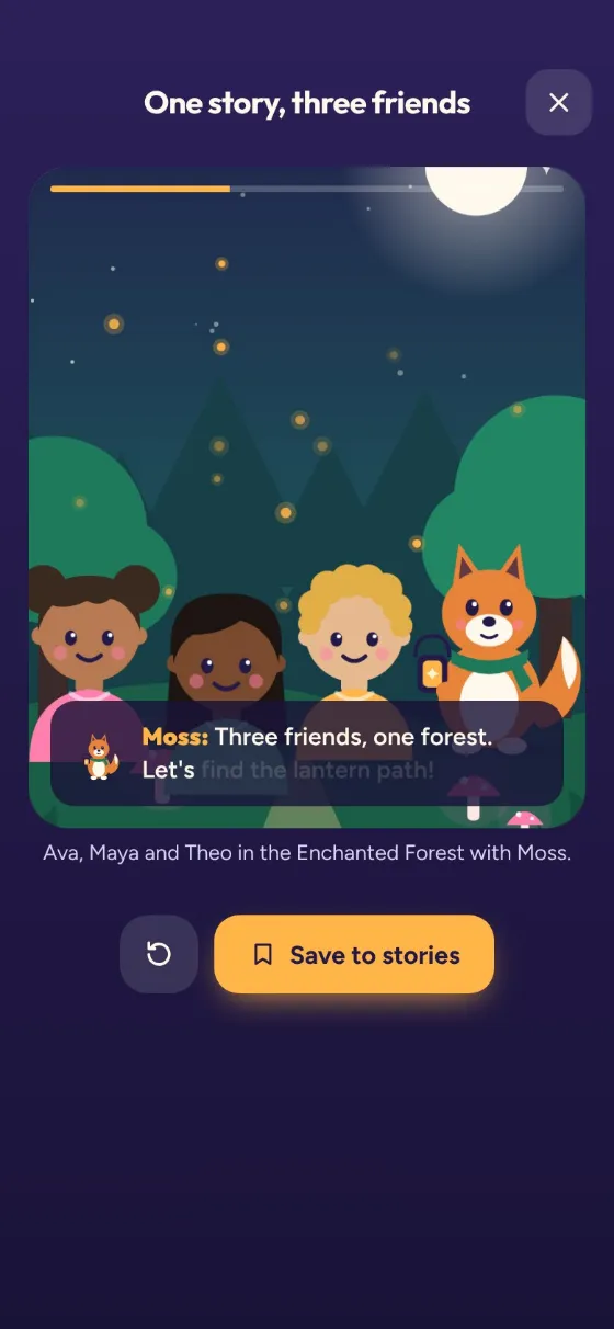 The Storylit app prototype: one story, three friends, in the Enchanted Forest.