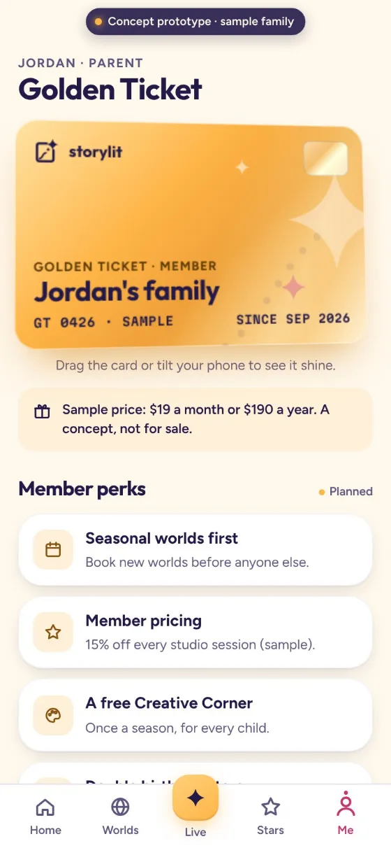 The Storylit app prototype: a sample Golden Ticket membership card, a concept, not for sale.
