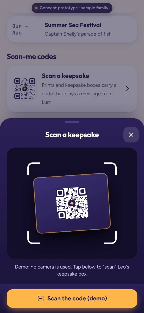 The Storylit app prototype: scan a keepsake's code to hear a message.