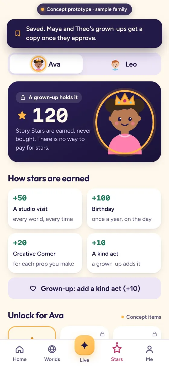 The Storylit app prototype: 120 Story Stars, held by a grown-up.